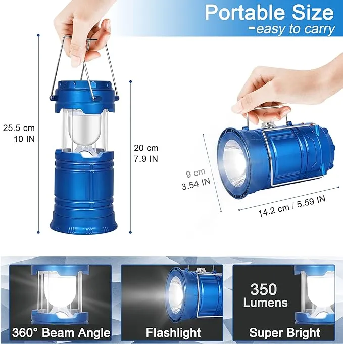 2 Pack LED Camping Lantern Solar Lantern, Collapsible Lights, Rechargeable Flashlights Portable Survival Light for Hurricane, Emergency, Power Outages, Hiking, Fishing（Blue）, Blue 2 Pack