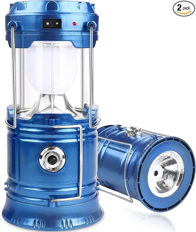 2 Pack LED Camping Lantern Solar Lantern, Collapsible Lights, Rechargeable Flashlights Portable Survival Light for Hurricane, Emergency, Power Outages, Hiking, Fishing（Blue）, Blue 2 Pack