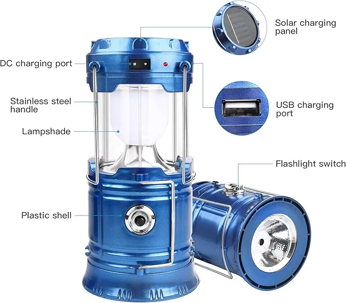2 Pack LED Camping Lantern Solar Lantern, Collapsible Lights, Rechargeable Flashlights Portable Survival Light for Hurricane, Emergency, Power Outages, Hiking, Fishing（Blue）, Blue 2 Pack