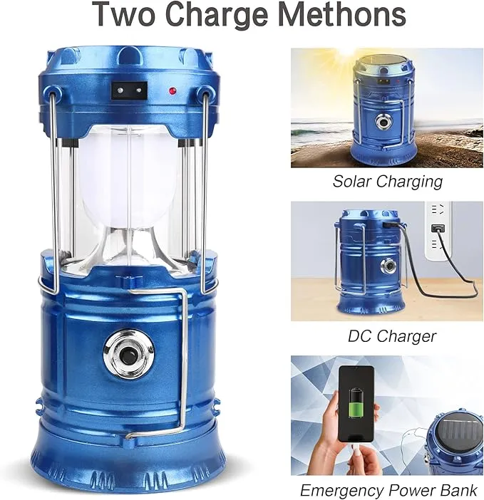 2 Pack LED Camping Lantern Solar Lantern, Collapsible Lights, Rechargeable Flashlights Portable Survival Light for Hurricane, Emergency, Power Outages, Hiking, Fishing（Blue）, Blue 2 Pack