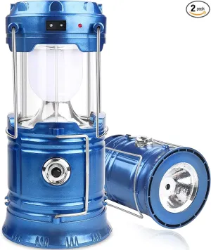 2 Pack LED Camping Lantern Solar Lantern, Collapsible Lights, Rechargeable Flashlights Portable Survival Light for Hurricane, Emergency, Power Outages, Hiking, Fishing（Blue）, Blue 2 Pack