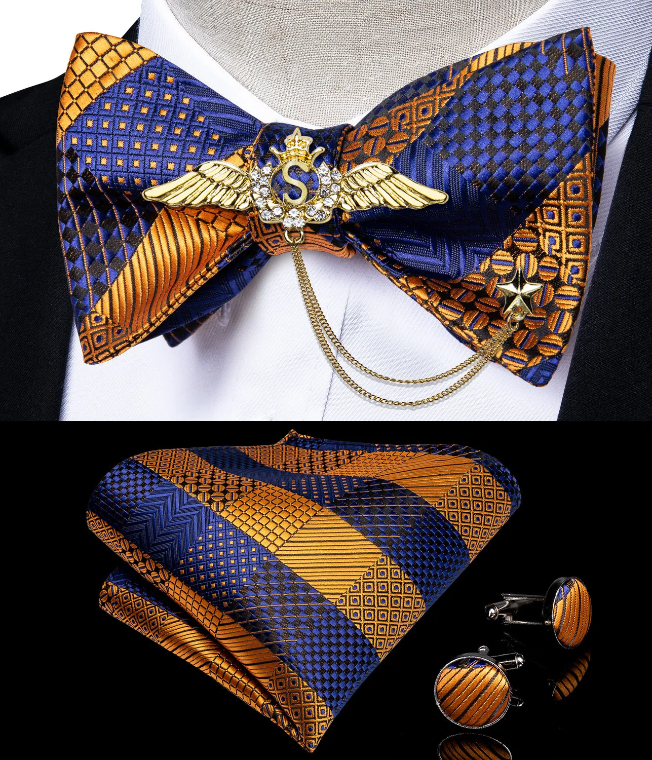 Blue Yellow Plaid Self-Bowtie Pocket Square Cufflinks With Wing Lapel Pin Brooch