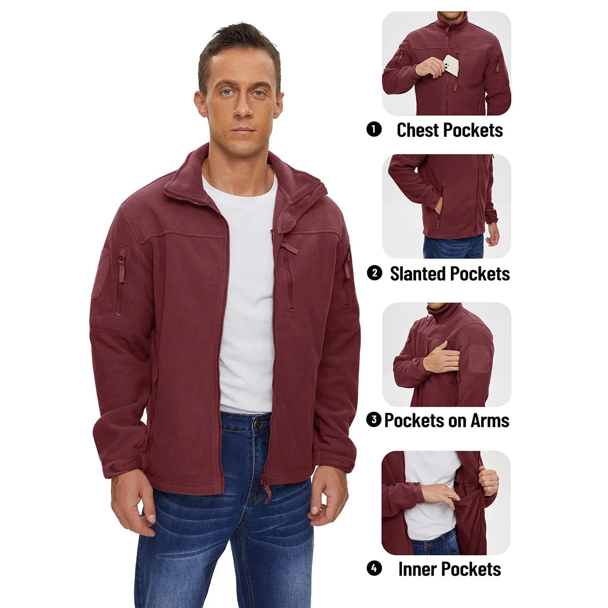 MAGCOMSEN Men's Fleece Jackets Fall Winter Cold Weather Thermal Safari Jackets Windproof Full Zip Jackets Field Work Outwear