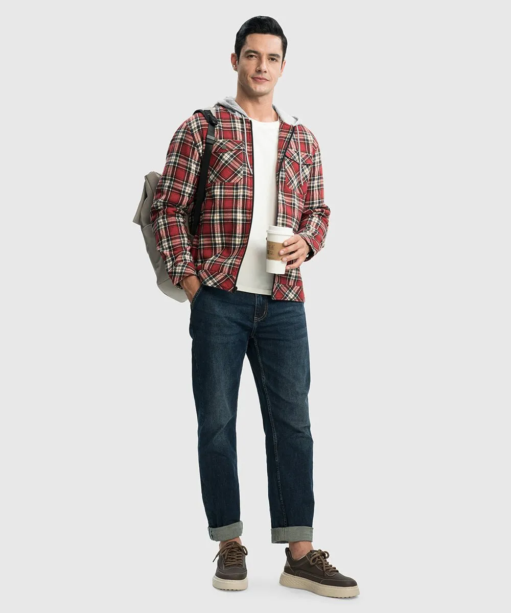 Men's Fleece Buffalo Plaid Button-Down Hooded Shirt