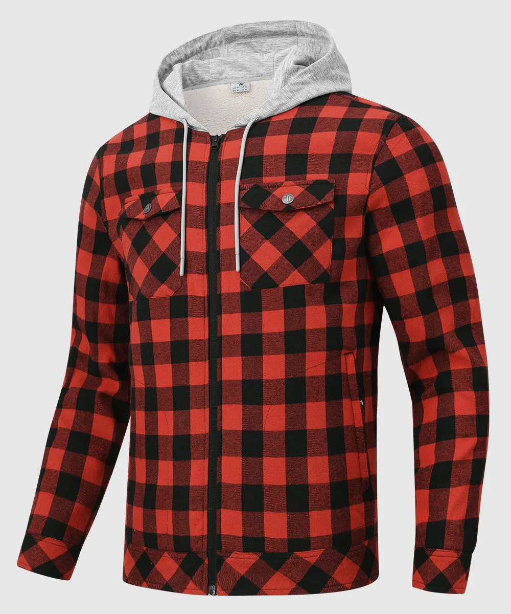 Men's Fleece Buffalo Plaid Button-Down Hooded Shirt