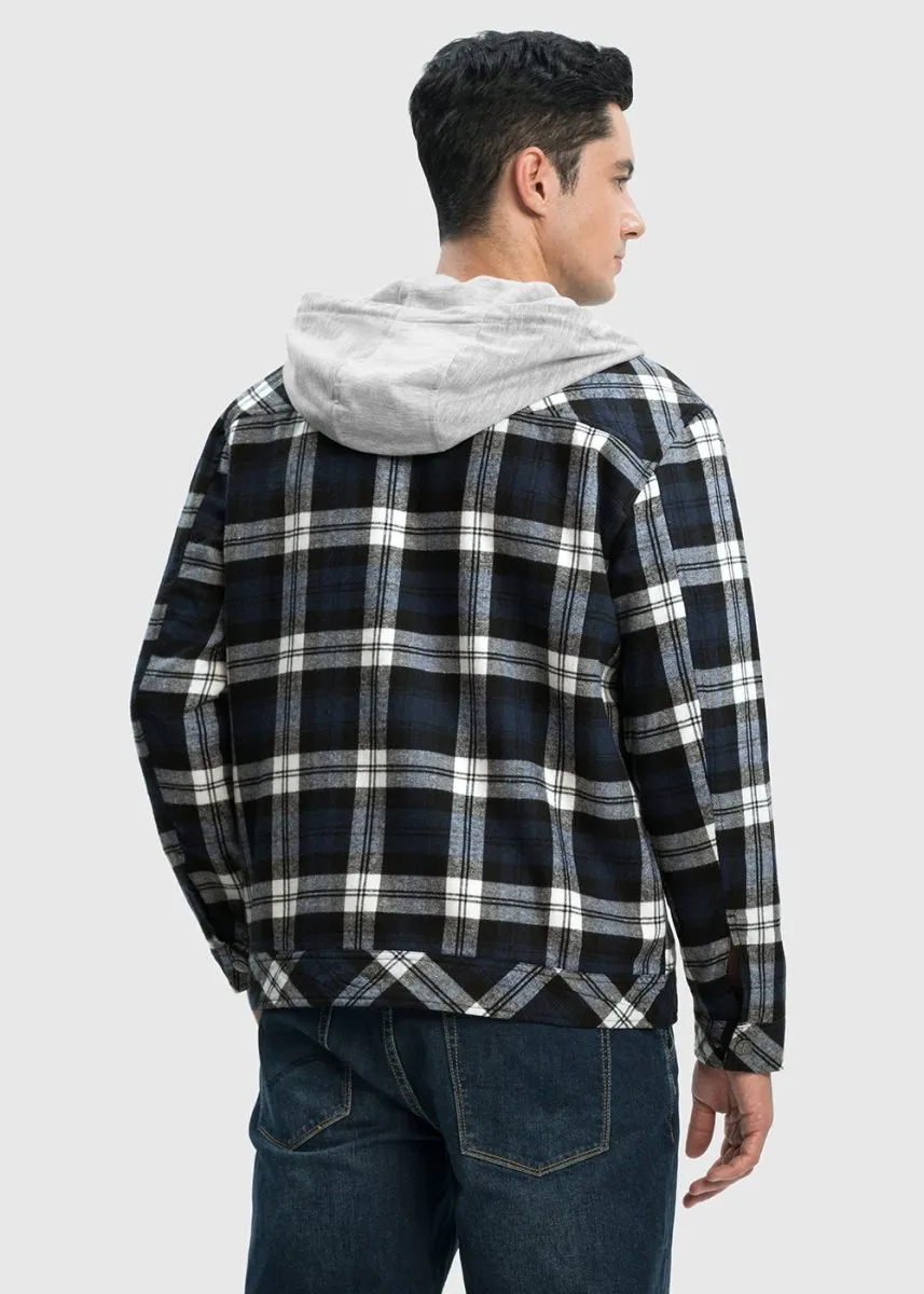 Men's Fleece Buffalo Plaid Button-Down Hooded Shirt