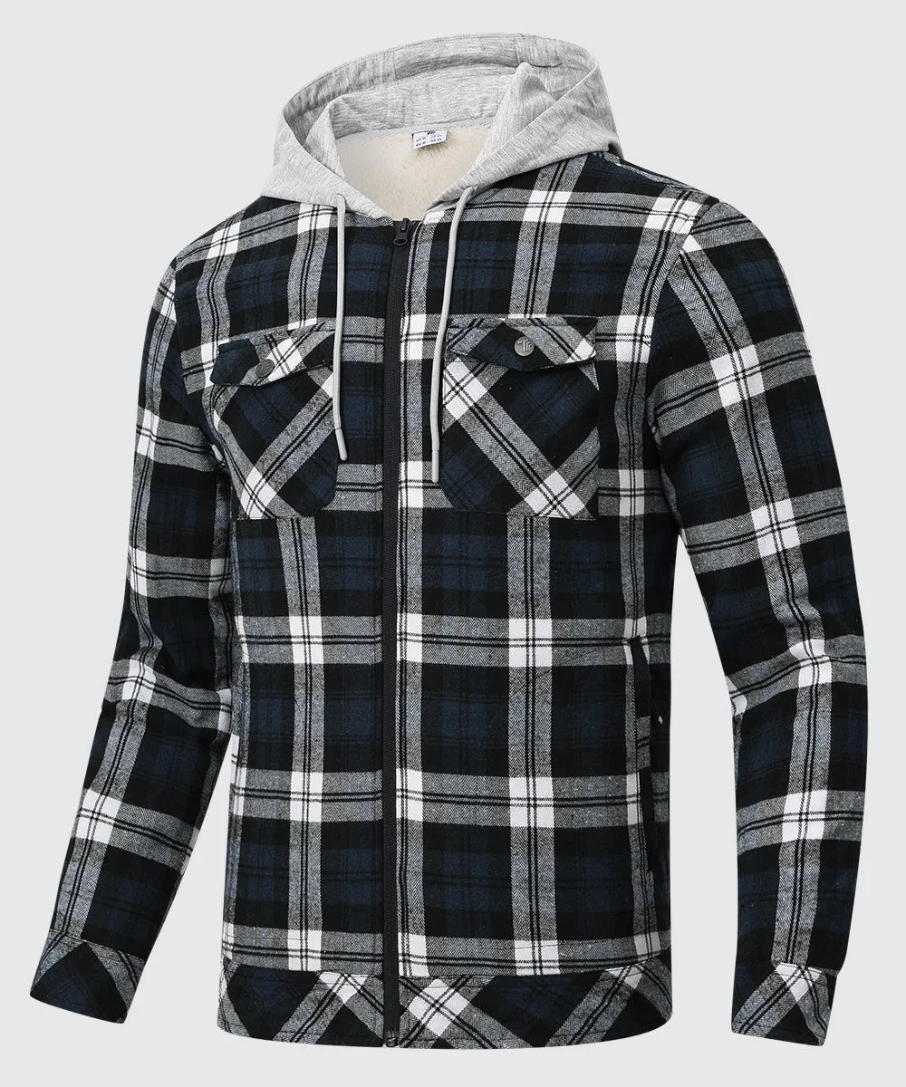 Men's Fleece Buffalo Plaid Button-Down Hooded Shirt