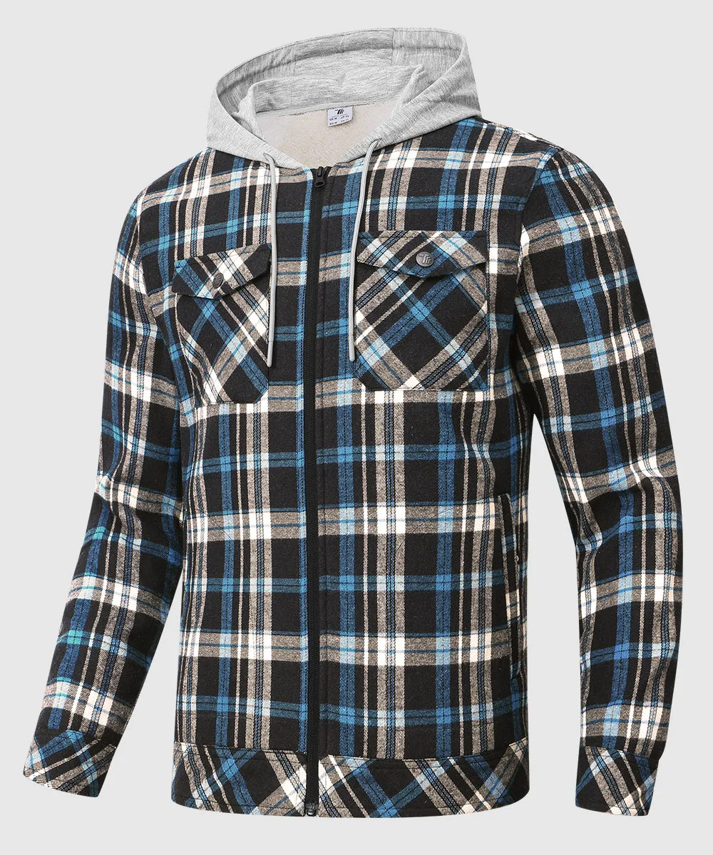 Men's Fleece Buffalo Plaid Button-Down Hooded Shirt