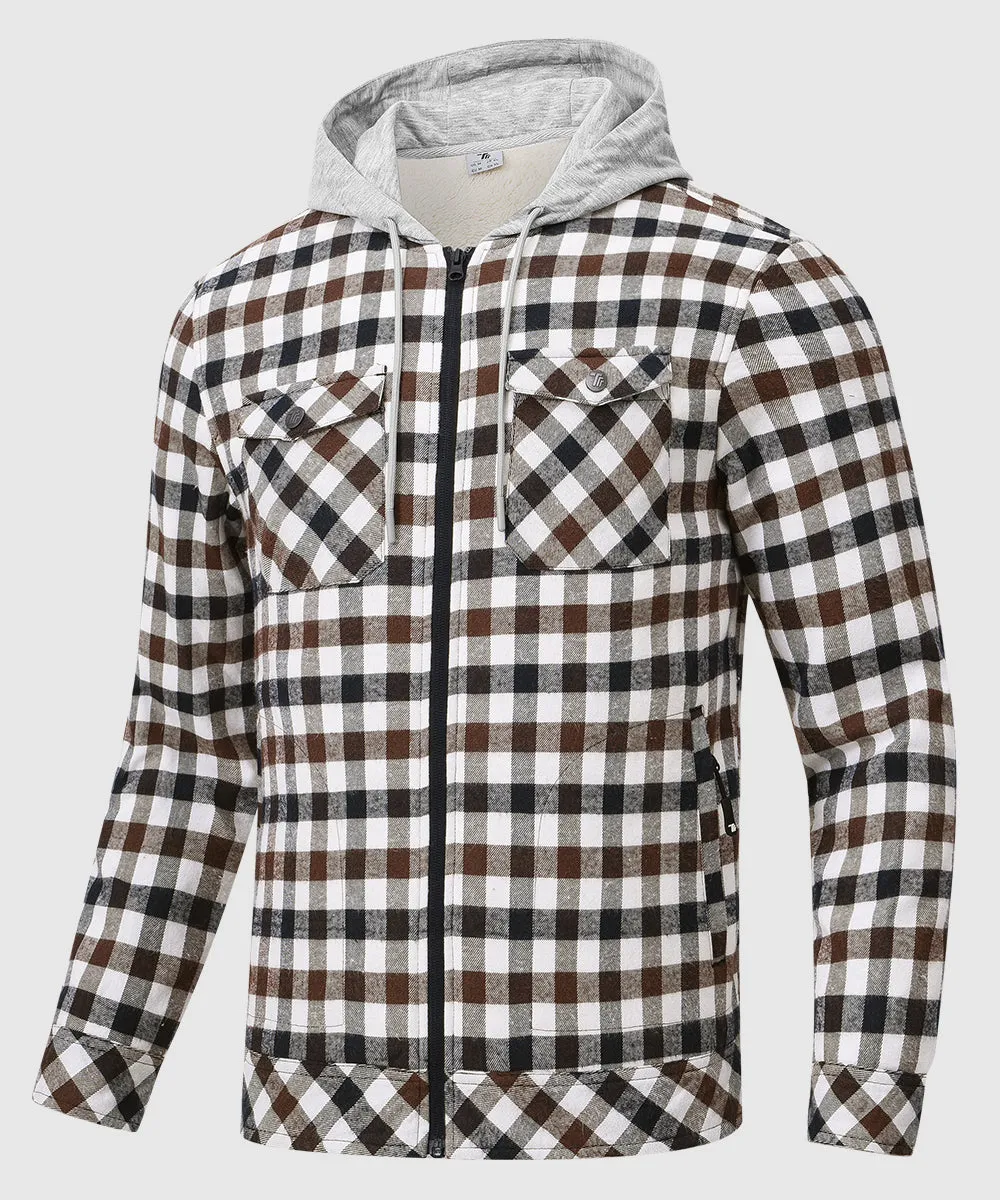 Men's Fleece Buffalo Plaid Button-Down Hooded Shirt