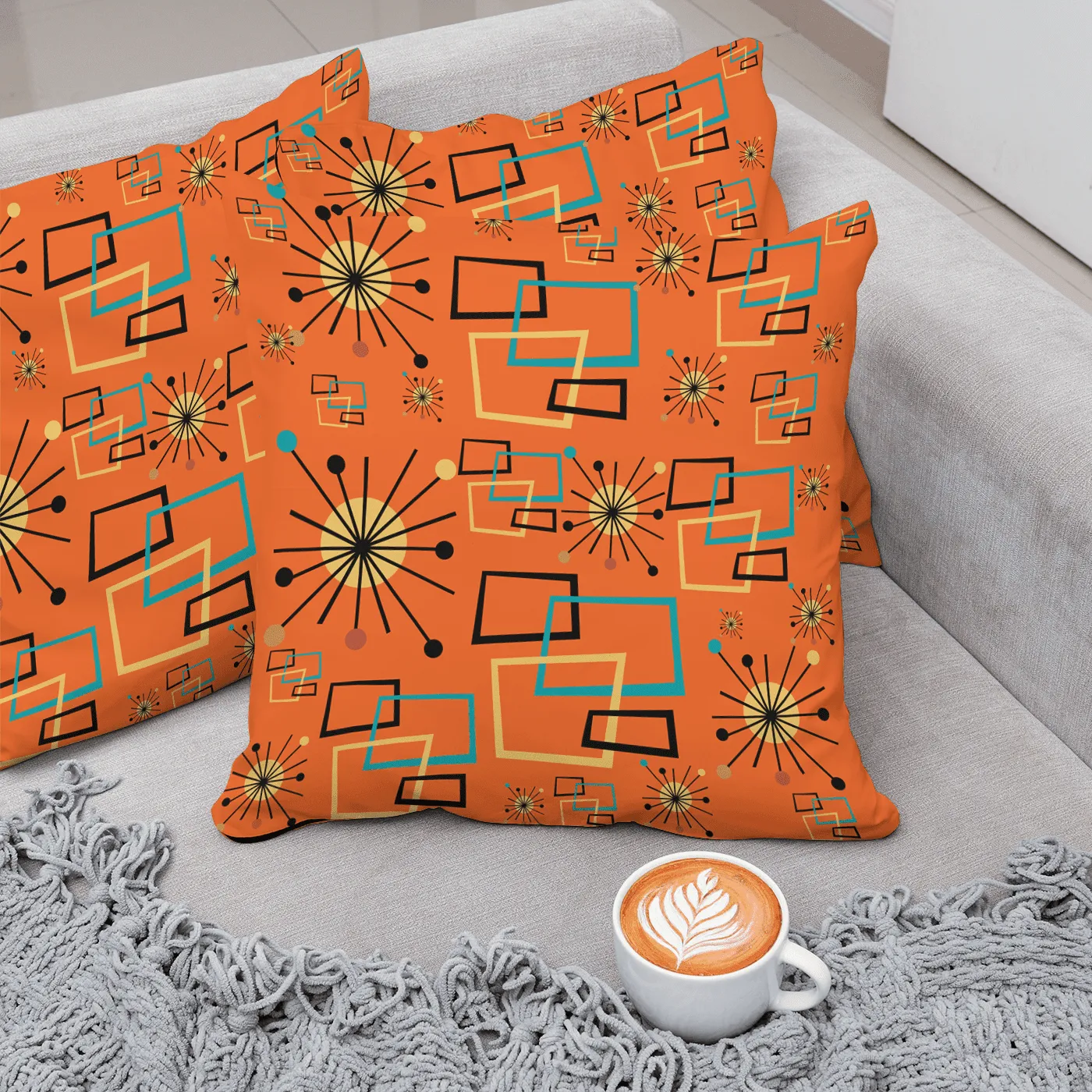 Mid Century Modern Atomic Starburst, Orange, Geometric, Retro Pillow Case And Insert