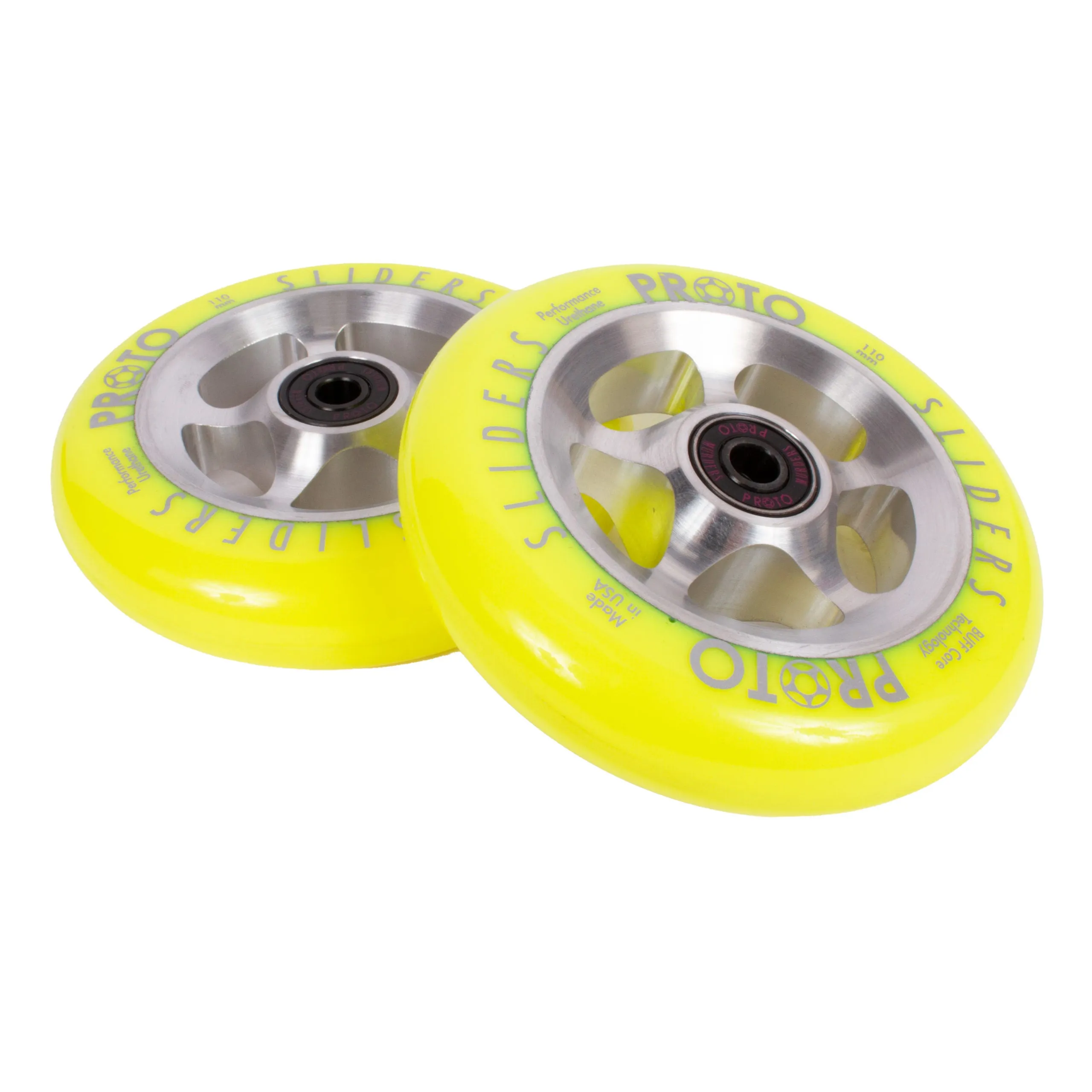 Proto StarBright Sliders Wheels 110mm - Neon Yellow on Raw (Pair)