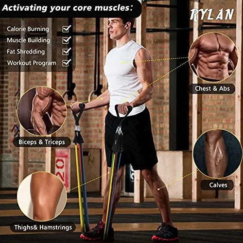 RYLAN-Resistance Bands Set for Exercise, Stretching, and Workout Toning Tube Kit with Foam Handles, Door Anchor, Ankle Strap, and Carrying Bag for Men, Women (TPE)