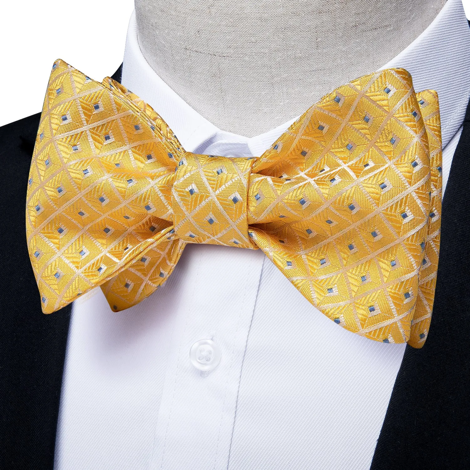 Yellow Blue Dots Silk Self-Bowtie Pocket Square Cufflinks Set