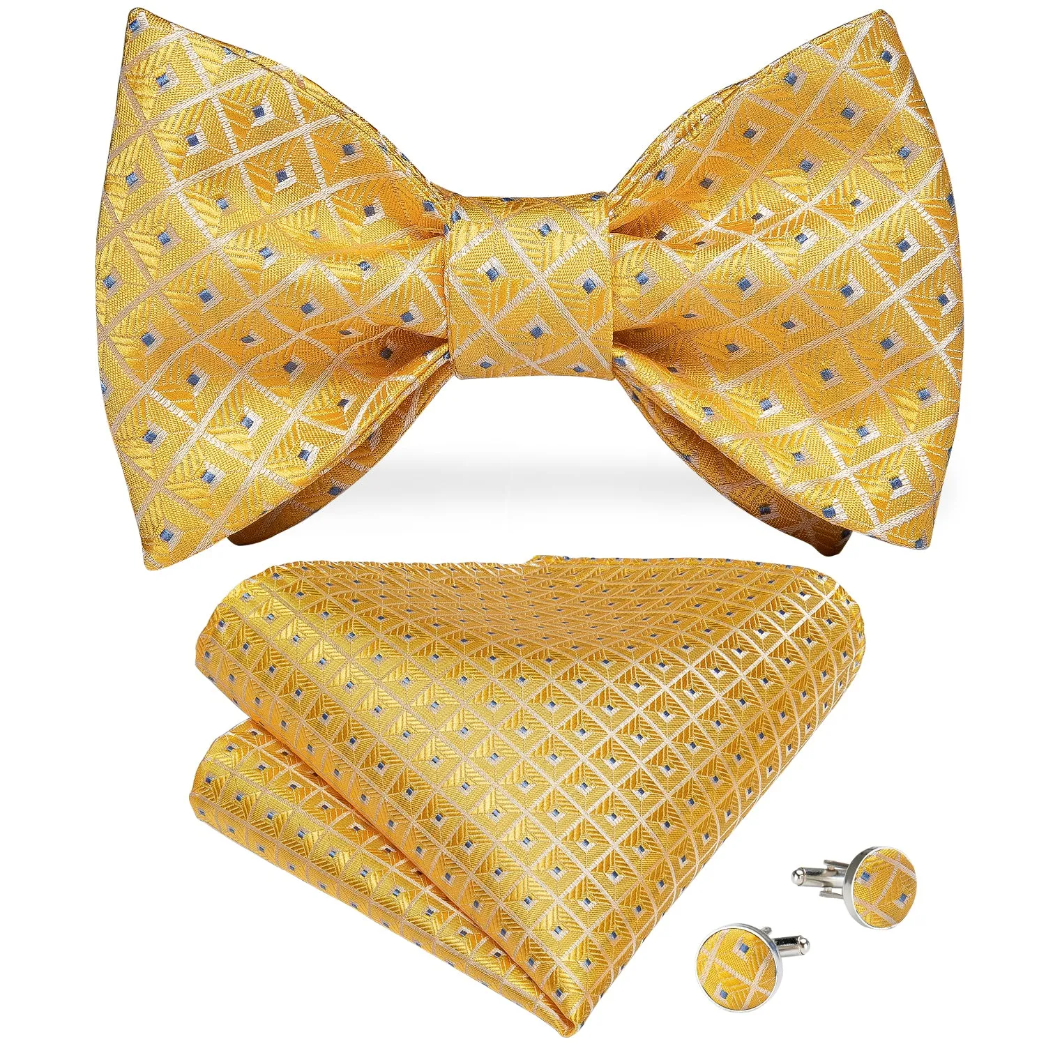 Yellow Blue Dots Silk Self-Bowtie Pocket Square Cufflinks Set