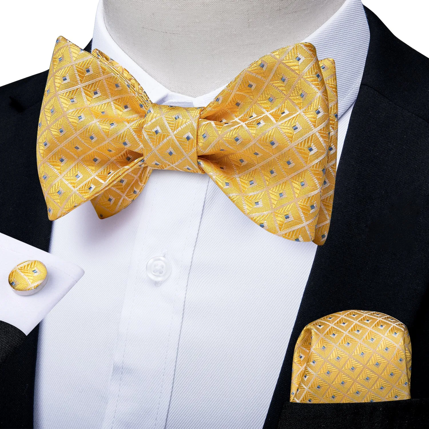 Yellow Blue Dots Silk Self-Bowtie Pocket Square Cufflinks Set