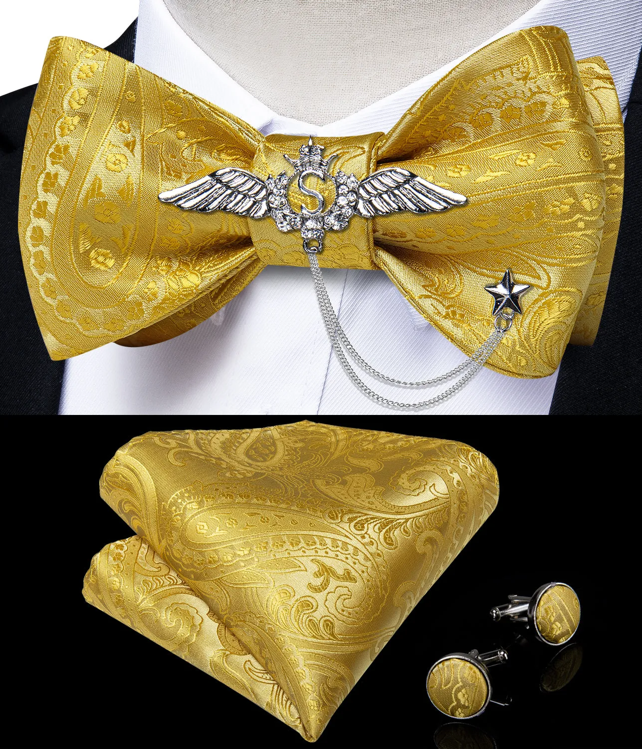 Yellow Paisley Self-Bowtie Pocket Square Cufflinks With Wing Lapel Pin
