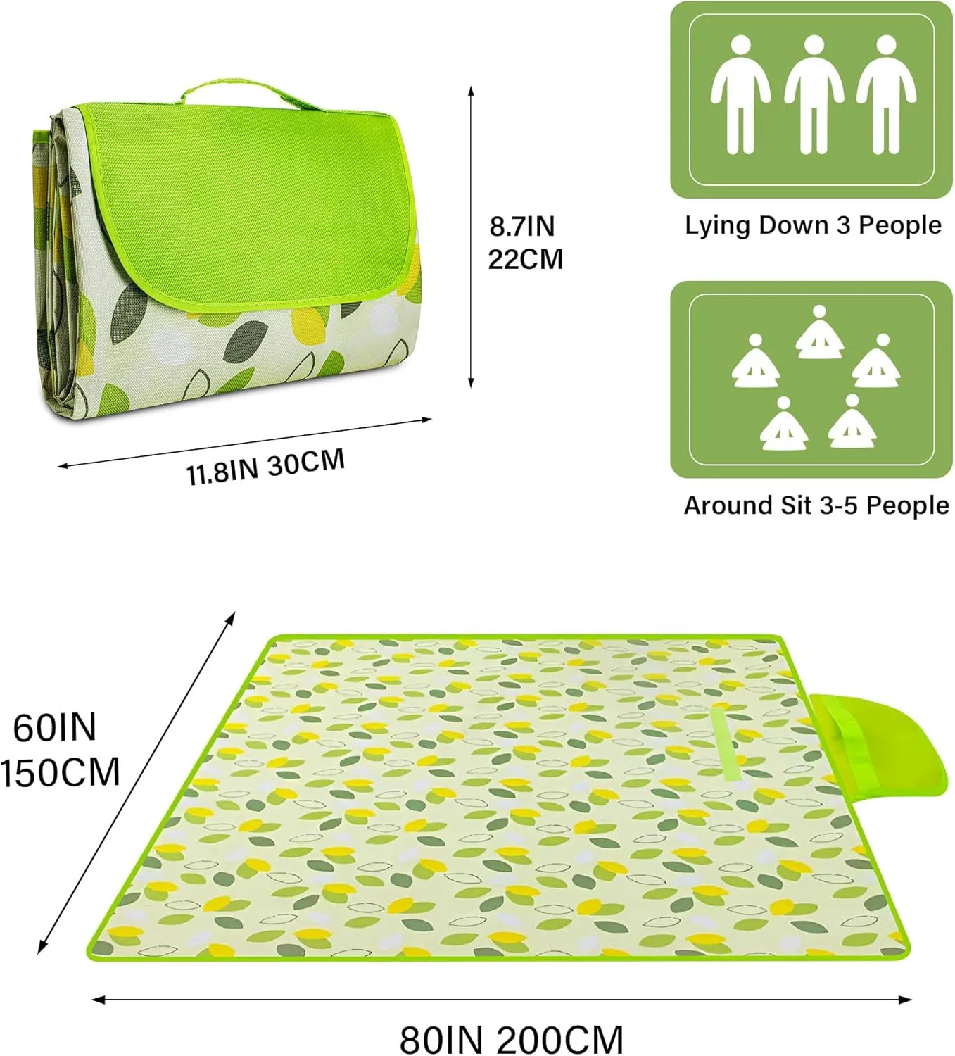 YU FENG Picnic Blankets Waterproof Outdoor Green Leaves Quick Drying Lightweight Camping Beach Blanket Mat for Travel Family Party (60x80 inch)